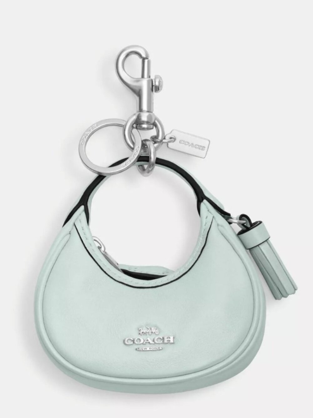 NWT Coach Mini Teri Bag Charm Mint/Silver Green Pearlized Leather With Tassel